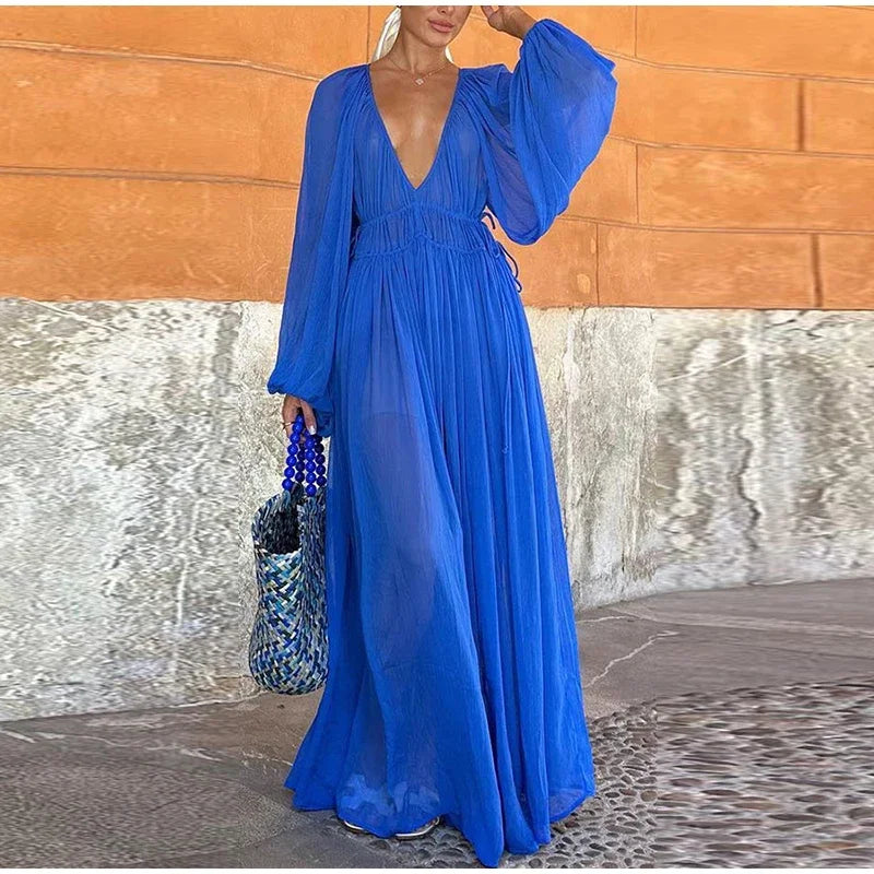 Elegant Pleated Long Dress Women Loose V Neck Long Sleeves High Waist Vestidos Female 2025 Summer Holiday Solid Evening Dresses