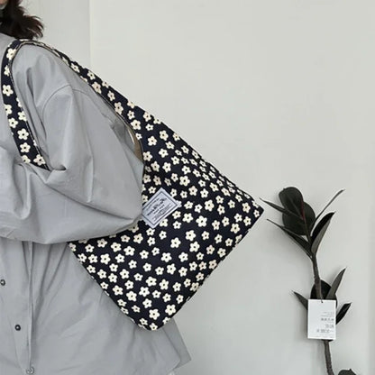 Vintage Sweet Flower Print Tote Bag Office Lady Fashion Fairy Chic Women Handbags All Match Canvas Casual Shoulder Underarm Bag