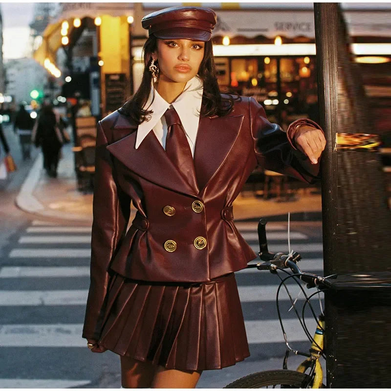 Double Breasted Faux Leather Blazer Pleated Mini Skirt Set
