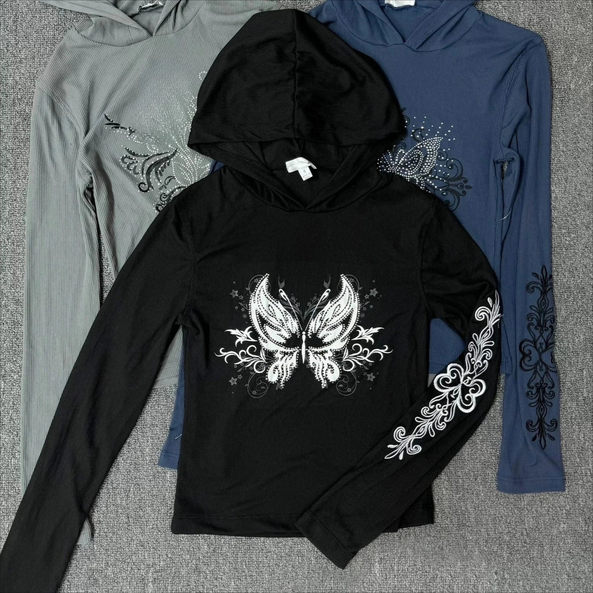 Y2K Gothic Black Slim Fit Pullover Hoodie Women Harajuku Butterfly Graphic Print Rhinestone Cropped Sweatshirt Hot Girl Clothing