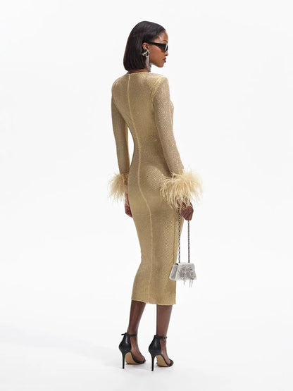 Crew Neck Crystal Embellished Ruched Feather Cuff Midi Dress