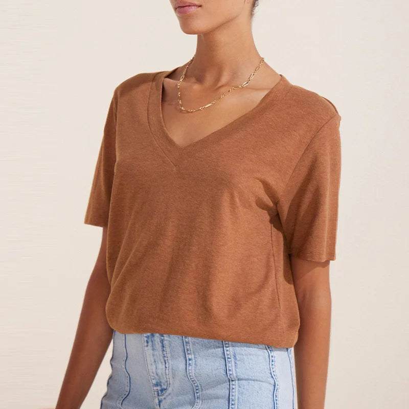 New Fashion Knitted Linen Texture Bamboo Joint Cotton Short-sleeved Loose for Women Deep V-neck Design T-shirt Top 2026 Summer