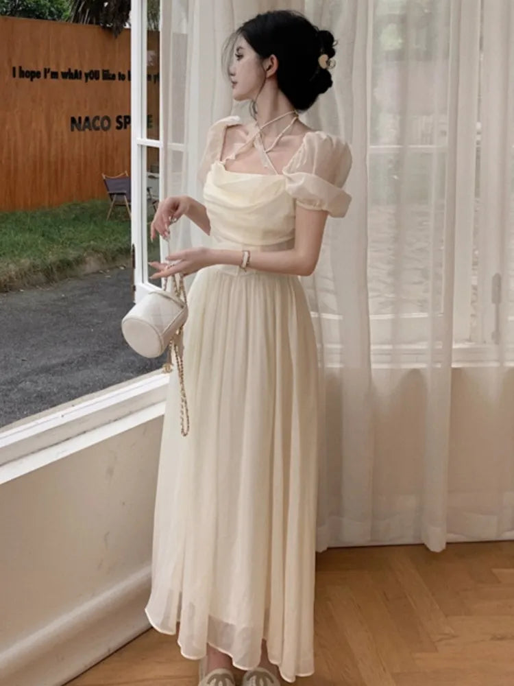 Summer Women Halter Midi Dress Elegant Female Chiffon Square Neck Party One Pieces Dresses French Solid New Vestidos Robe