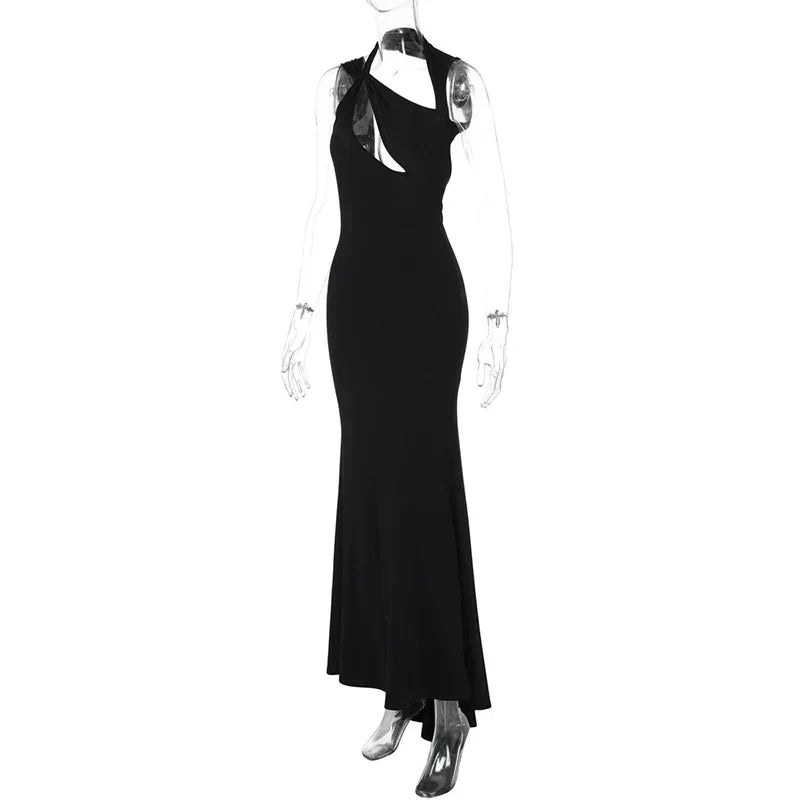 One Shoulder Halter Diagonal Chest Cutout Sash Drape Mermaid Maxi Gown