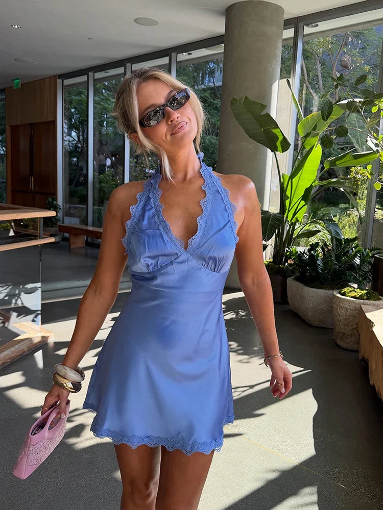 Women Sexy Backless Lace Trim Halter Satin Dress Chic Deep V Neck Flared A-Line Cocktail Mini Gown Summer Beach Vacation Wear