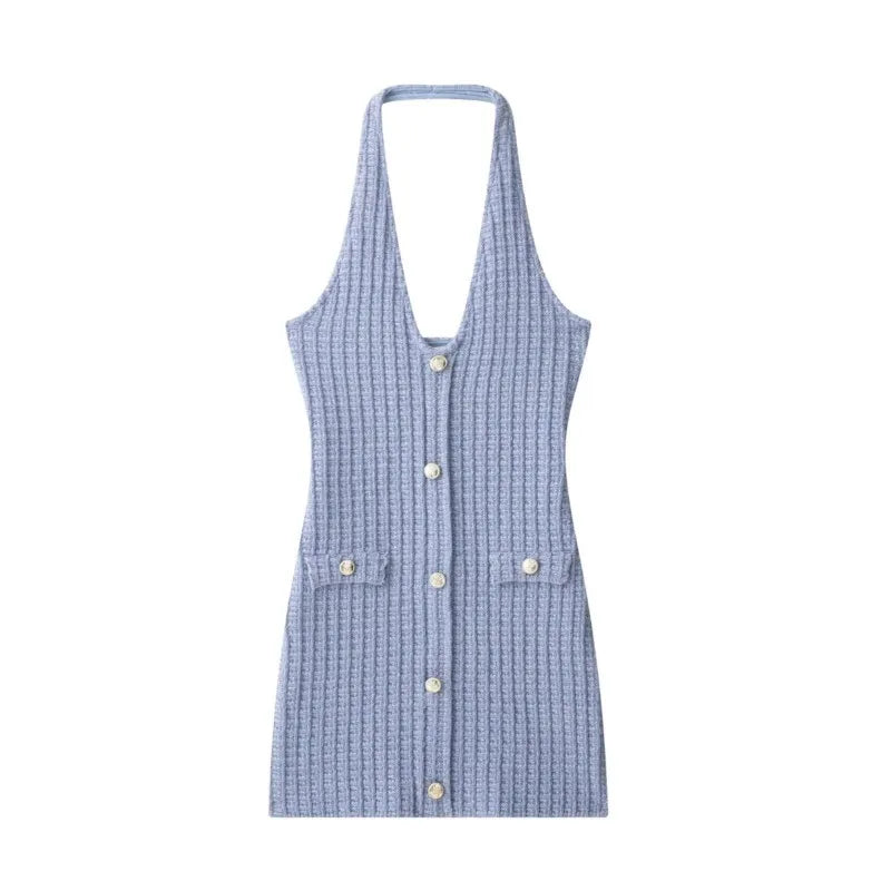 Halter Neck Single Breasted Knit Women Dress Sleeveless Tight Blue Summer Short Dress 2025 New Sexy French Woman Clothing