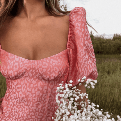 Jacquard Textured Puff Sleeve Lace Up Open Back Mini Dress