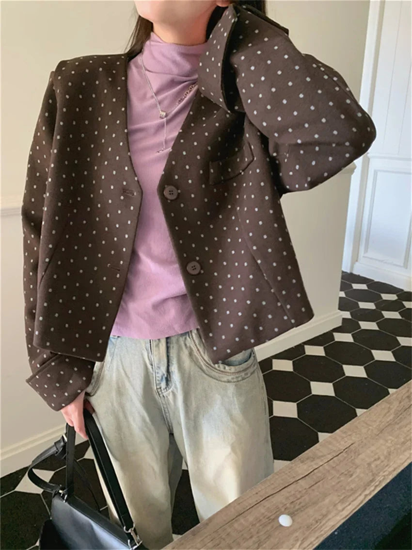 Office Lady Coats New Woolen Chic Elegant Women Autumn Polka Dots Slim High Street Casual Work Wear V-Neck