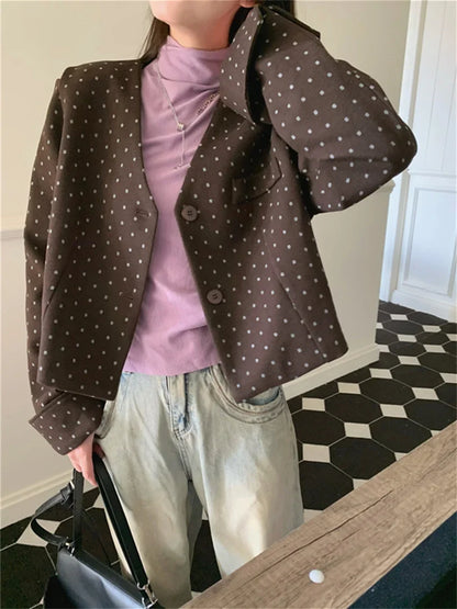 Office Lady Coats New Woolen Chic Elegant Women Autumn Polka Dots Slim High Street Casual Work Wear V-Neck