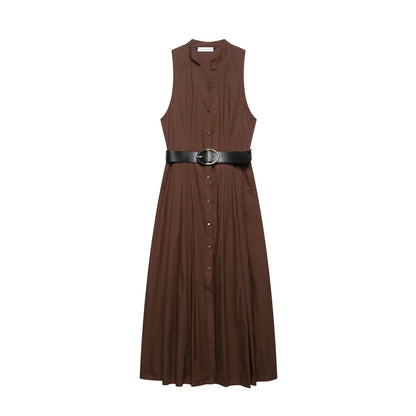 Fashion Brown Sleeveless Long Dress With Belt Round Neck Fashion Pleat Summer Dress Button Elegant Chic Femme Vestidos
