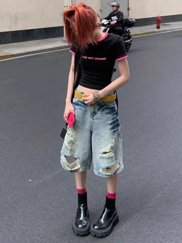 Women's Worn Out Distressed Personality Cropped Jeans Summer New Street Style Thin Denim Shorts Casual Female Knee Length Pants