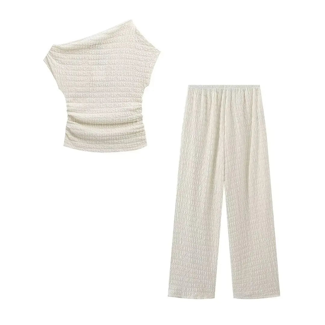 Summer Autumn Elegant Casual 2 Piece Set Women One Shoulder Sleeveless Irregular Tops Loose Pants Vacation Beach Streetwear