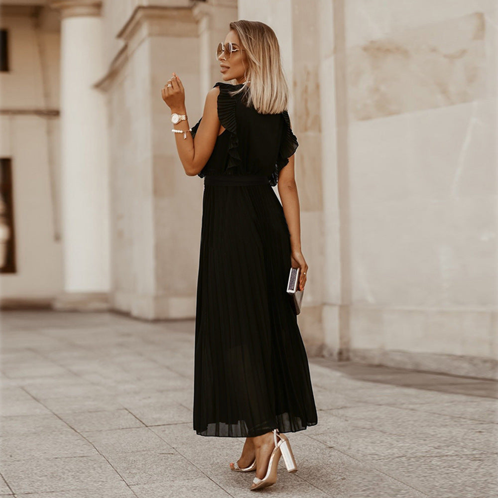 Deep V Wrap Ruffle Cap Sleeve Pleated Self Tie Belt Accordion Maxi Dress
