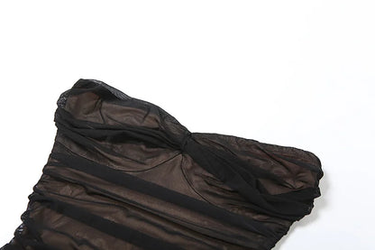 Sexy Sheer Bodysuit Women Summer Double Deck Strapless Solid Folds Skinny Beach Coquettish Fashionable Clubwear Tops