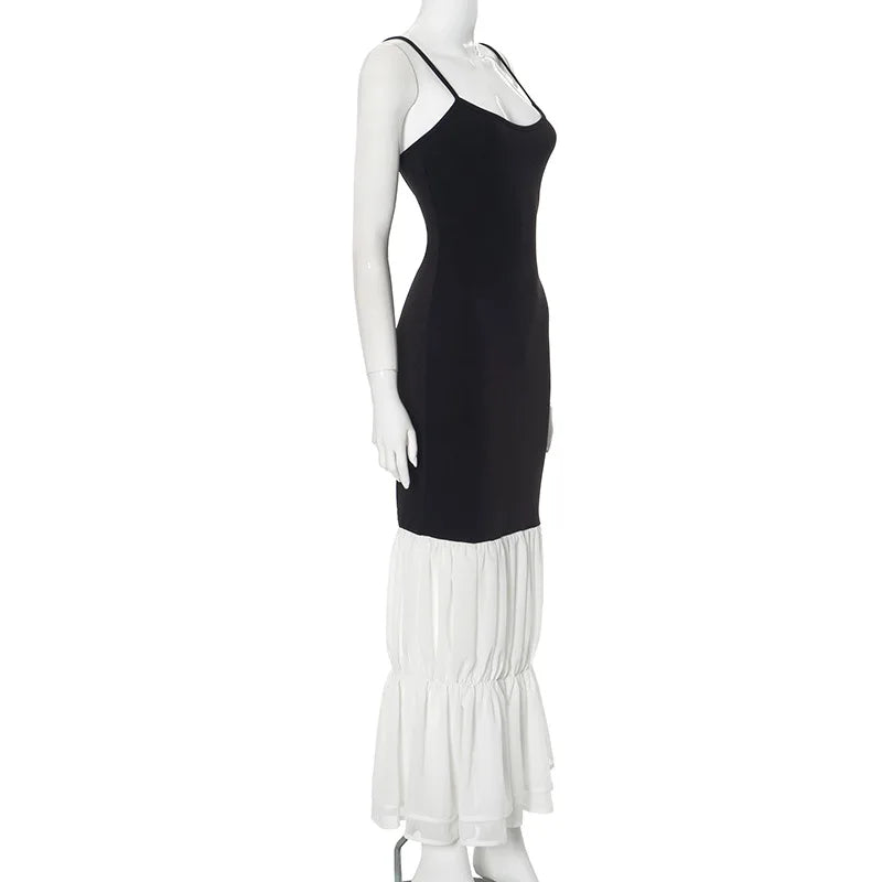 Spaghetti Strap Scoop Neck Asymmetric Waist Tiered Ruffle Hem Maxi Dress