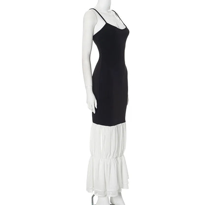 Spaghetti Strap Scoop Neck Asymmetric Waist Tiered Ruffle Hem Maxi Dress