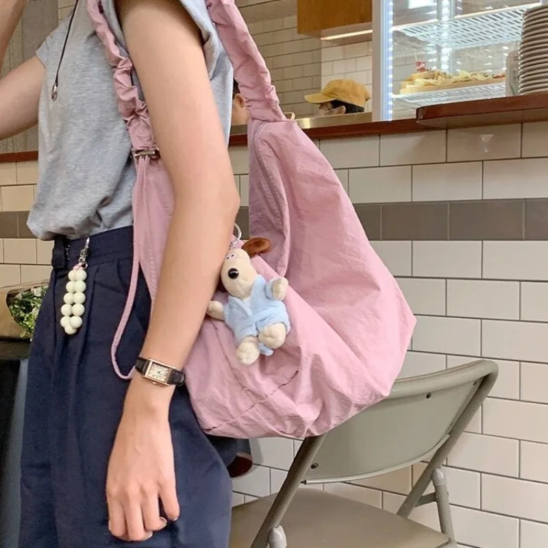 Cute Pink Shoulder Bag Women Pleated Solid Color College Style Fashion Tote Bag Large Capacity Drawstring Elegant Handbag