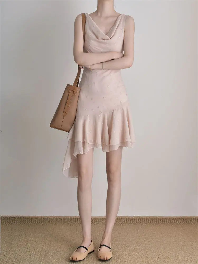 Spring Design High-end Sleeveless Swing Neck Dress Waist Thin Ruffle Edge Irregular Skirt Women's Clothing