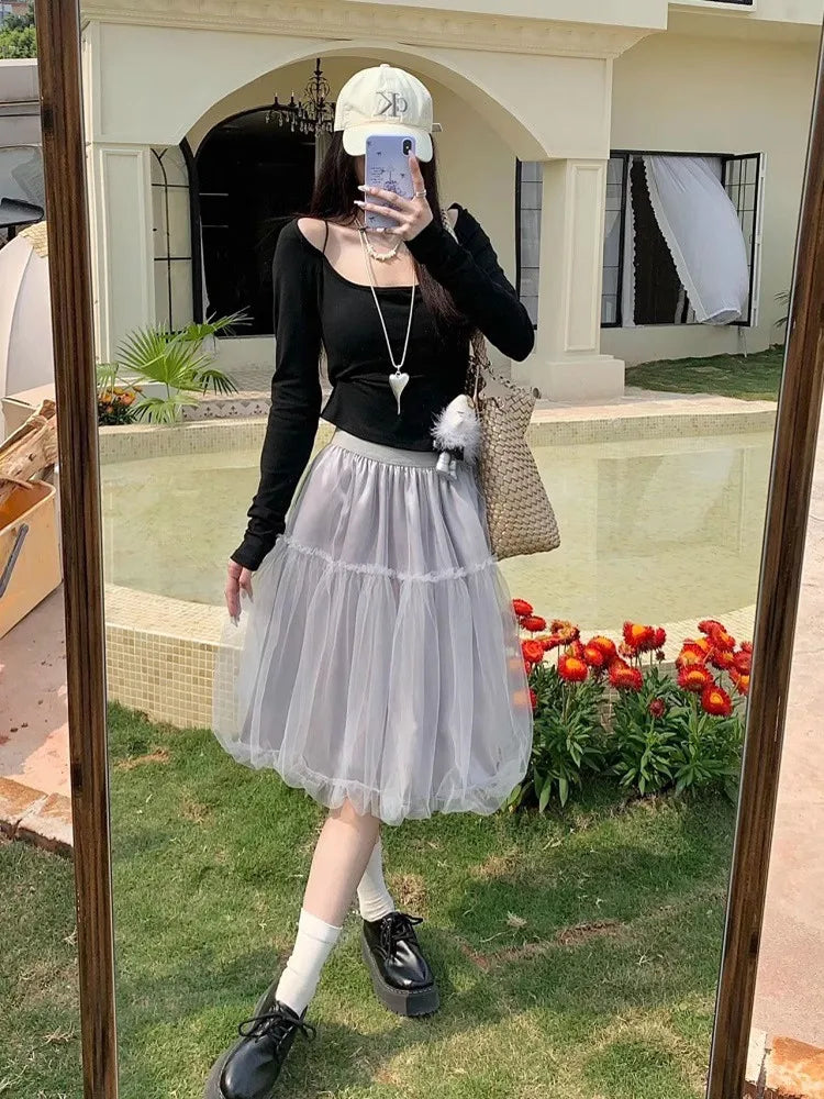 Elegant Solid A-line Splice Mesh Skirts for Women 2025 Fashion Korean Fashion Elastic Waist Black Tulle Saia Feminina