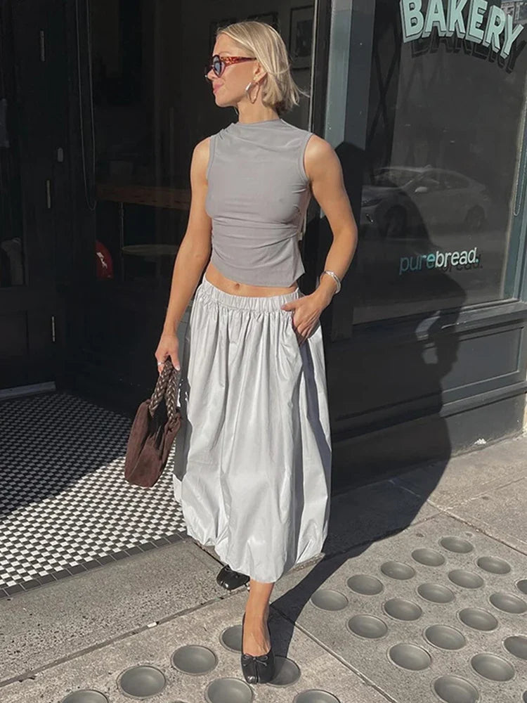 Solid Color Fold Skirts For Women Elastic High Waisted With Pocket Loose Fashion Patchwork Summer New Long Skirt Female