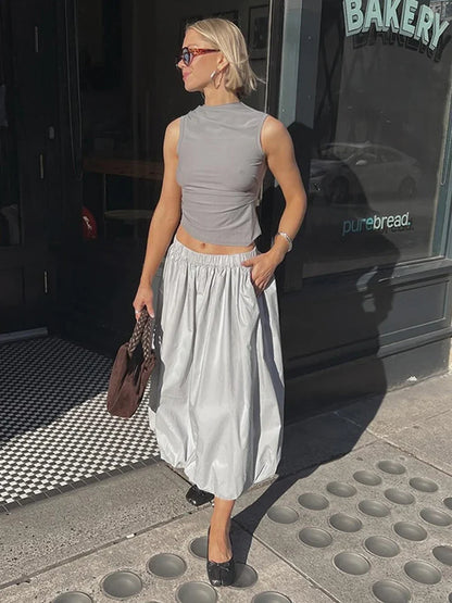 Solid Color Fold Skirts For Women Elastic High Waisted With Pocket Loose Fashion Patchwork Summer New Long Skirt Female