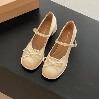 Spring Butterfly-knot Women Mary Jane Shoes Ladies Shallow Buckle Strap Shoes Eelgant Thick Heel Dress Leather Shoes