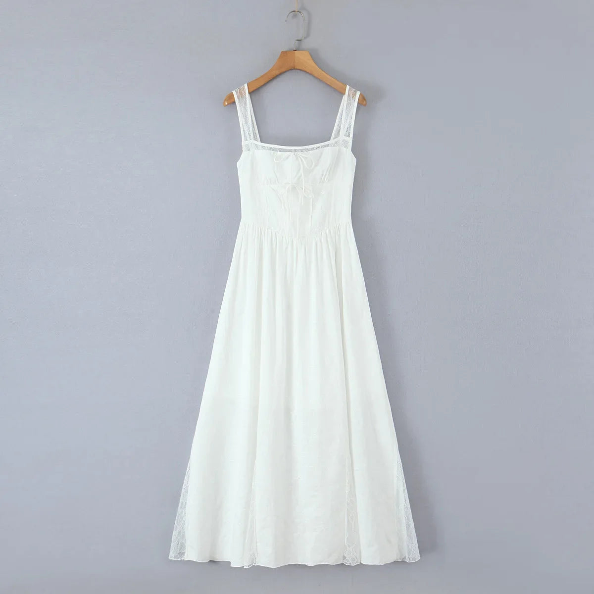 Lace Spliced Elegant White Dress Women Square Neck Sleeveless A-line Summer Long Dresses Holiday Party Robe