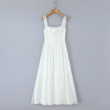 Lace Spliced Elegant White Dress Women Square Neck Sleeveless A-line Summer Long Dresses Holiday Party Robe