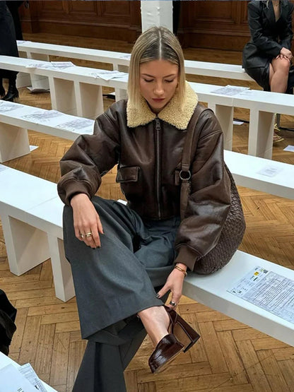 Chic Long Sleeve Lapel Double Side Motorcycle Coat Fashion Warm Pocket Zipper Jackets Autumn Winter Woman High Street Coats