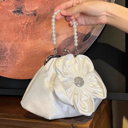 Fashion Sweet Patchwork Flower Top-Handle Bags Elegant Fairy Pearl Chain Purses and Handbags Y2k Aesthetic Office Lady Clutches