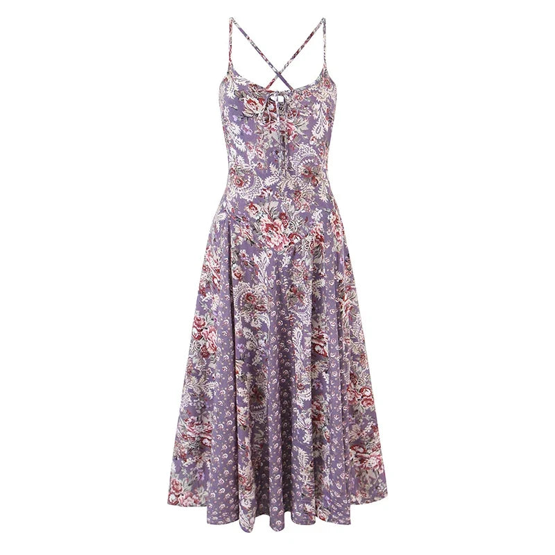 Vintage Floral Print Sling Vacation Dress Women New 2026 A-line Midi Big Swing Casual Summer Dresses