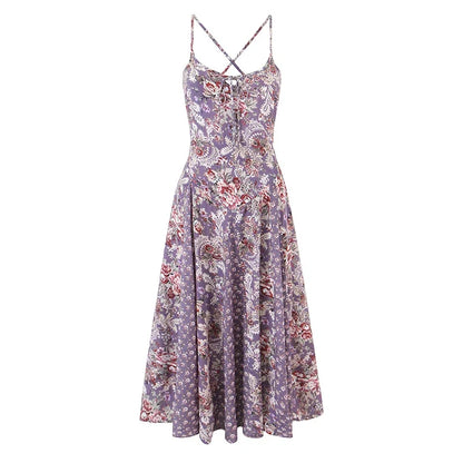 Vintage Floral Print Sling Vacation Dress Women New 2026 A-line Midi Big Swing Casual Summer Dresses