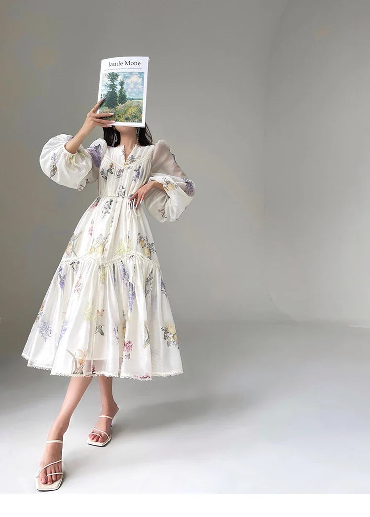 High Quality Fashion Vintage Women Spring Autumn Print Flower V Neck Lantern Sleeve Boho Casual Party Holiday Dresses