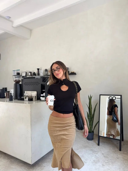 Women's Vintage Midi Skirt 2026 Summer High Waist Slim Ruffle Fishtail Skirts Party Side Slit Elegant Embroidery Skirt