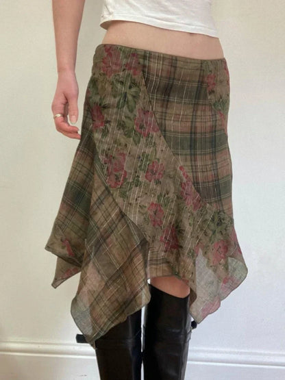 Y2k Sexy Low Waist American Retro Print Plaid Patchwork Irregular Streetwear Fashion Skirts