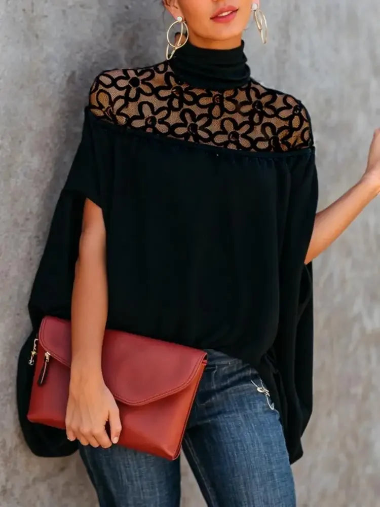 Female Elegant Embroidered See-Through High Neck Tops New Spring Summer Solid Color Loose Casual Fashion T-Shirts