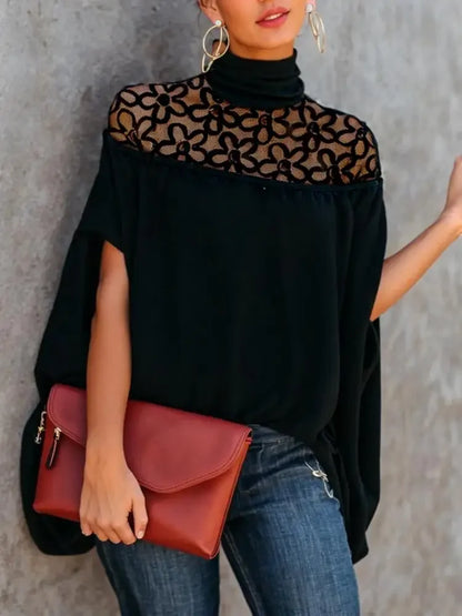 Female Elegant Embroidered See-Through High Neck Tops New Spring Summer Solid Color Loose Casual Fashion T-Shirts
