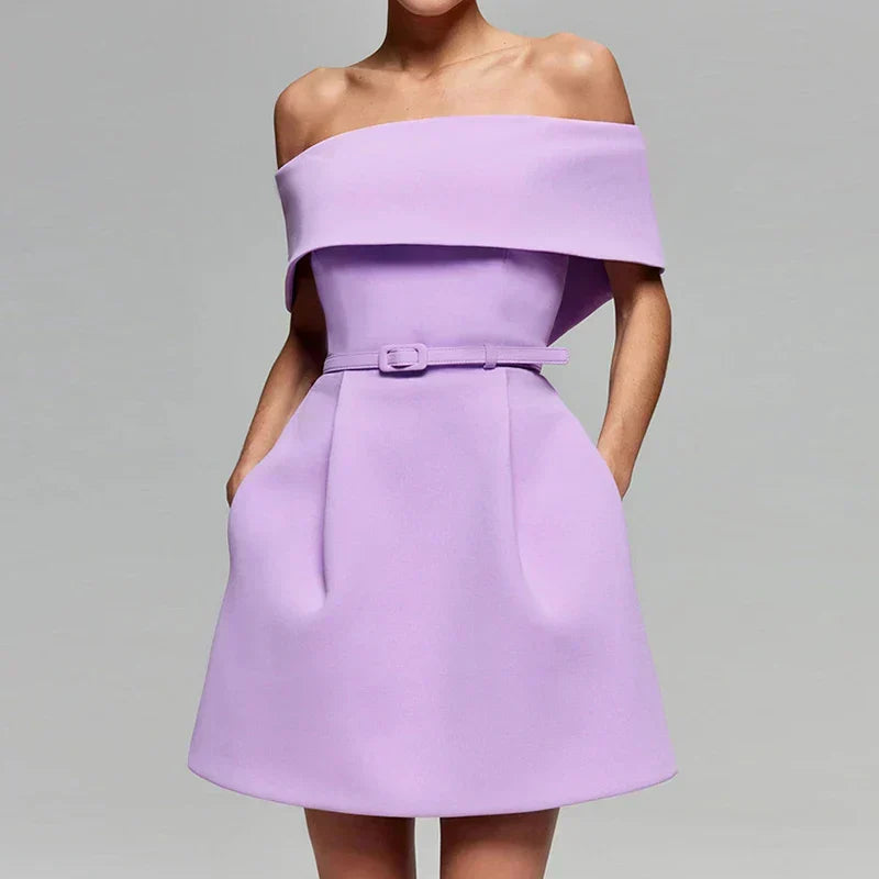 Off Shoulder Belted Fit and Flare Pocket A-Line Mini Dress