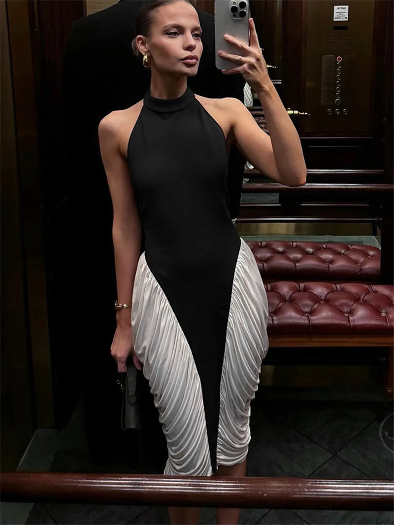 Halter Contrast Panel Gathered Side Bubble Midi Dress