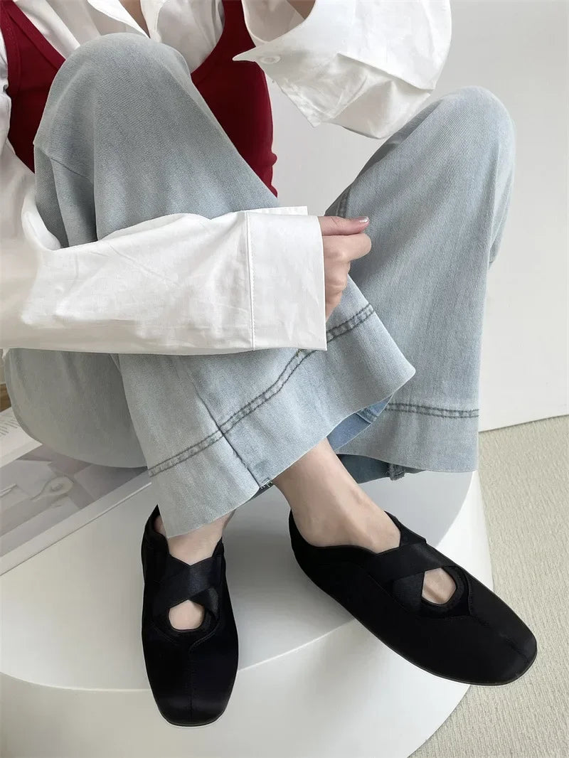 New Women's Ballet Slippers Pink Soft Sole Shallow Heel Round Head Fiberglass Fabric Retro Style Low Heel