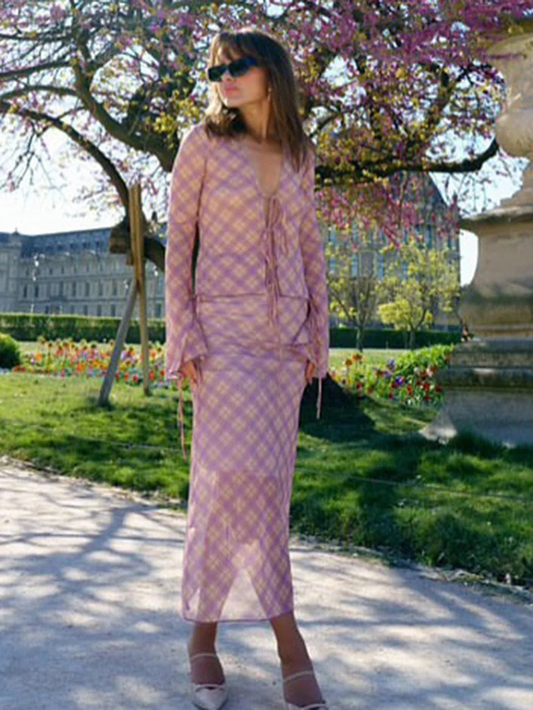 Plaid Retro Sweet Summer Outfits Chic Flare Sleeve Cardigan Top + High Waist Long Skirts 2 Piece Set Pink Y2K Women Set