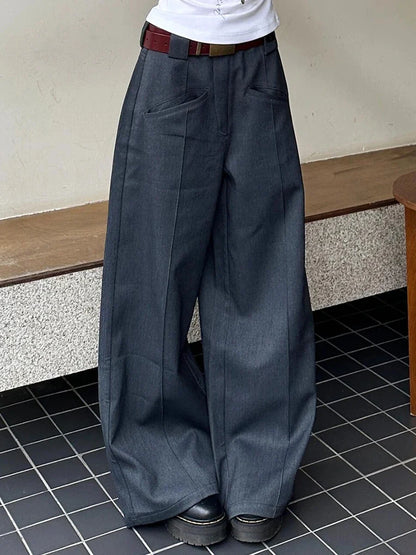 Retro Gray Solid Suit Pants Women Big Size Pleated Front High Waist Straight Wide Leg Trousers Cleanfit Work Casual Clothes