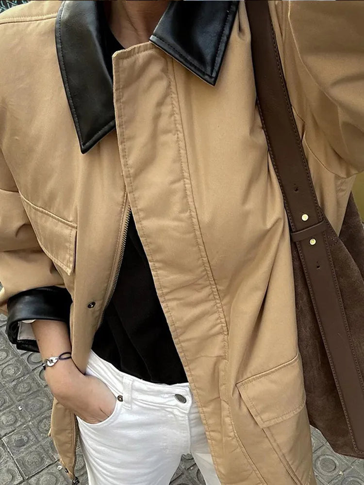 Classic Vintage Women's Jacket Splicing Leather Lapel Neck Jackets New Autumn Winter Fashion Women Coat Casual Ladies Outerwear