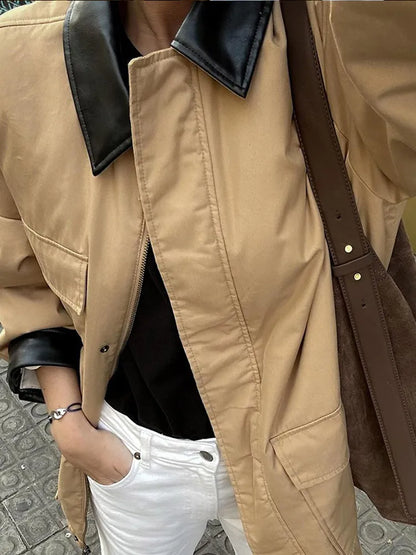 Classic Vintage Women's Jacket Splicing Leather Lapel Neck Jackets New Autumn Winter Fashion Women Coat Casual Ladies Outerwear