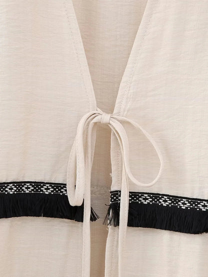 Tassel Casual Loose Apricot Blouse Top Summer Autumn 3/4 Sleeve Tie Up Holiday New Blusa Mujer 2024 V Neck Top