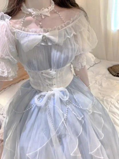 Light Blue Lolita Off-shoulder Neck Lace-up Dress Flower Wedding Elegant Gorgeous High Waist Short Sleeve Princess Dresses