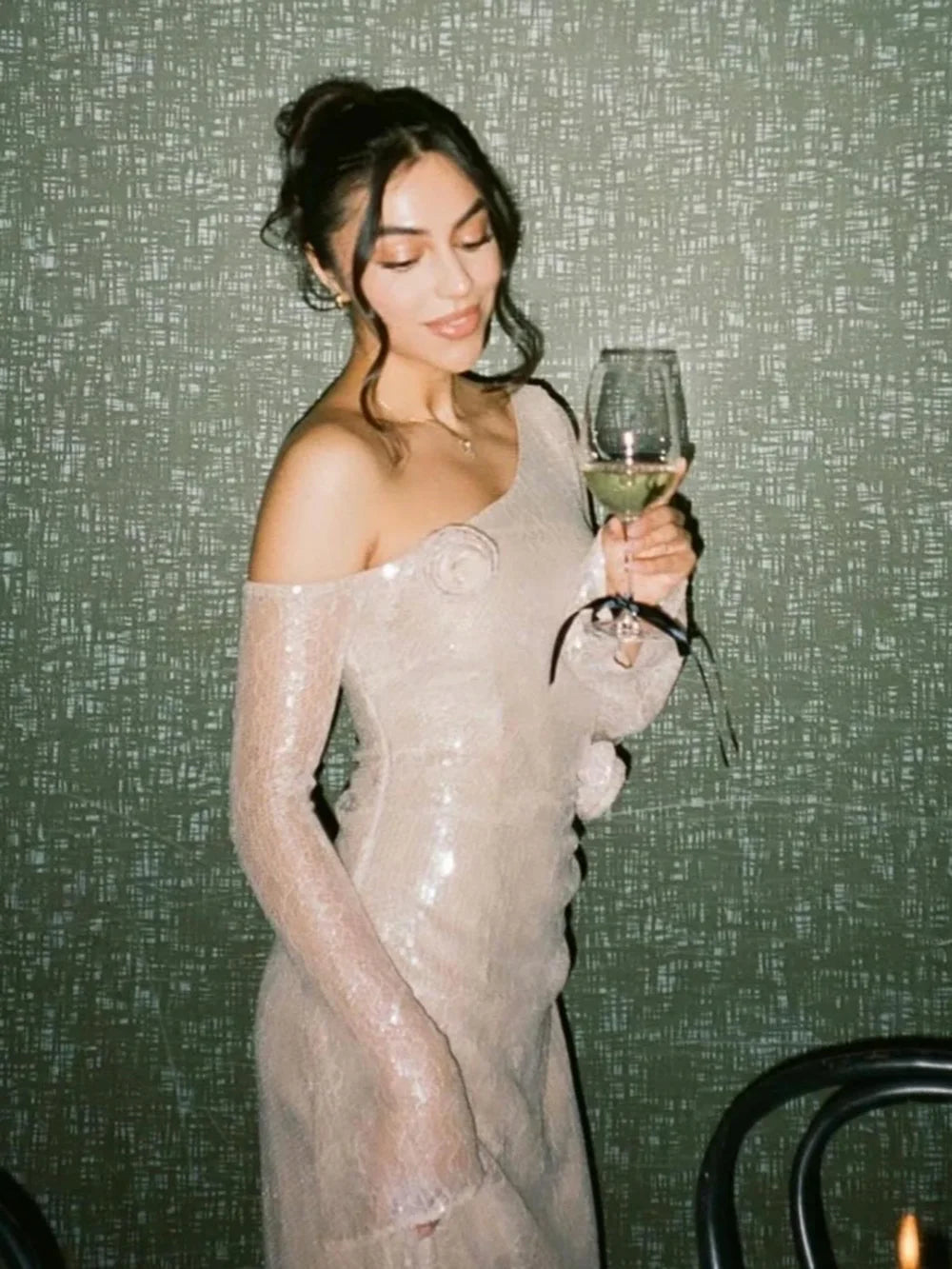 Sequin One-Shoulder Rosette Applique Long Sleeve Column Maxi Gown