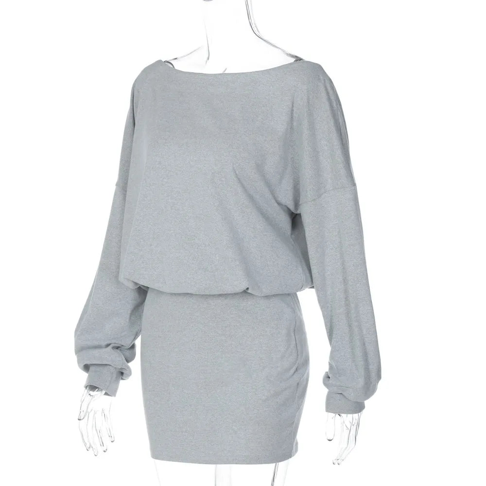 Women's Off-Shoulder Dress Solid Color Long Sleeve Elastic Waist Slim Fit Hip Wrap Mini Dress Fall Fashion Streetwear