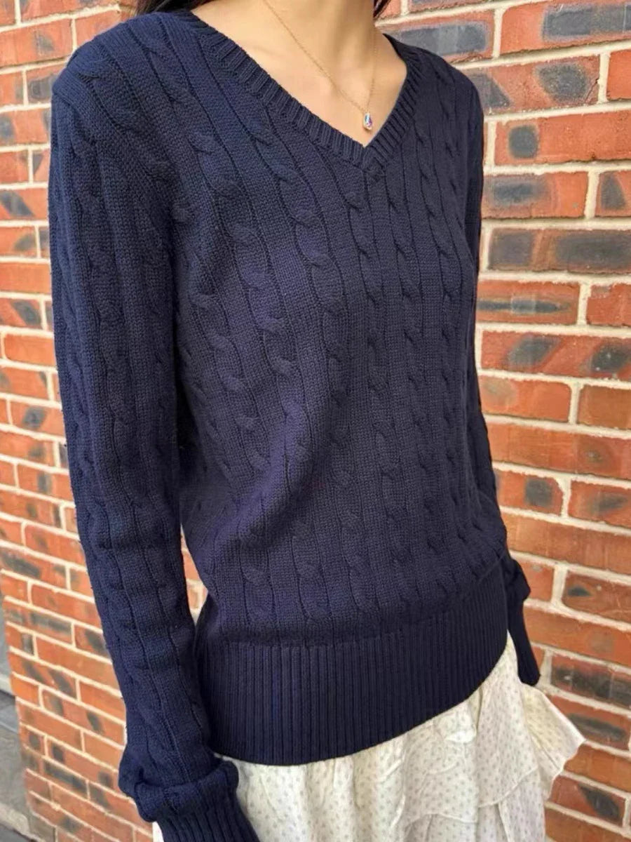 Vintage Twisted Floral V-neck Knit Sweater Women Cotton Warm Slim Preppy Style Solid Pullovers Tops Sweet Chic Cute Jumpers Y2K