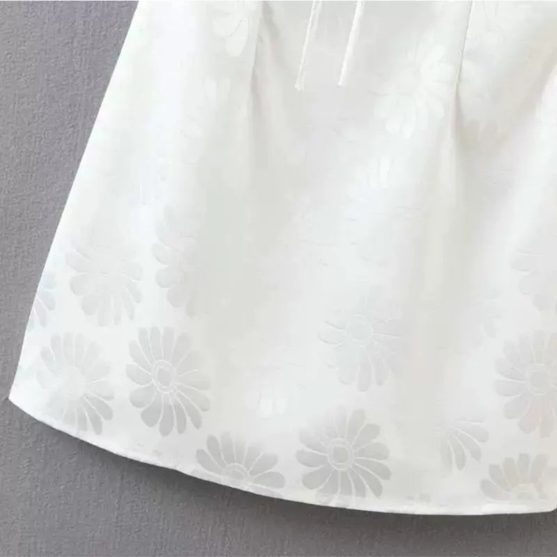 Woman Backless Mini Spaghetti Strap Lacing up wood ears Ruched Collar Holiday Robe Sexy White Daisy Flower Satin Sling Dress